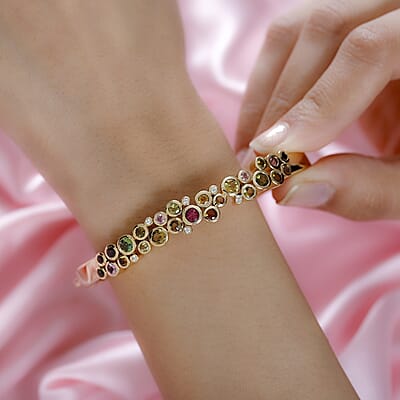 Multi-Tourmaline and White Zircon Bubble Bangle Bracelet in Vermeil Yellow Gold Over Sterling Silver (7.25 In) 3.40 ctw