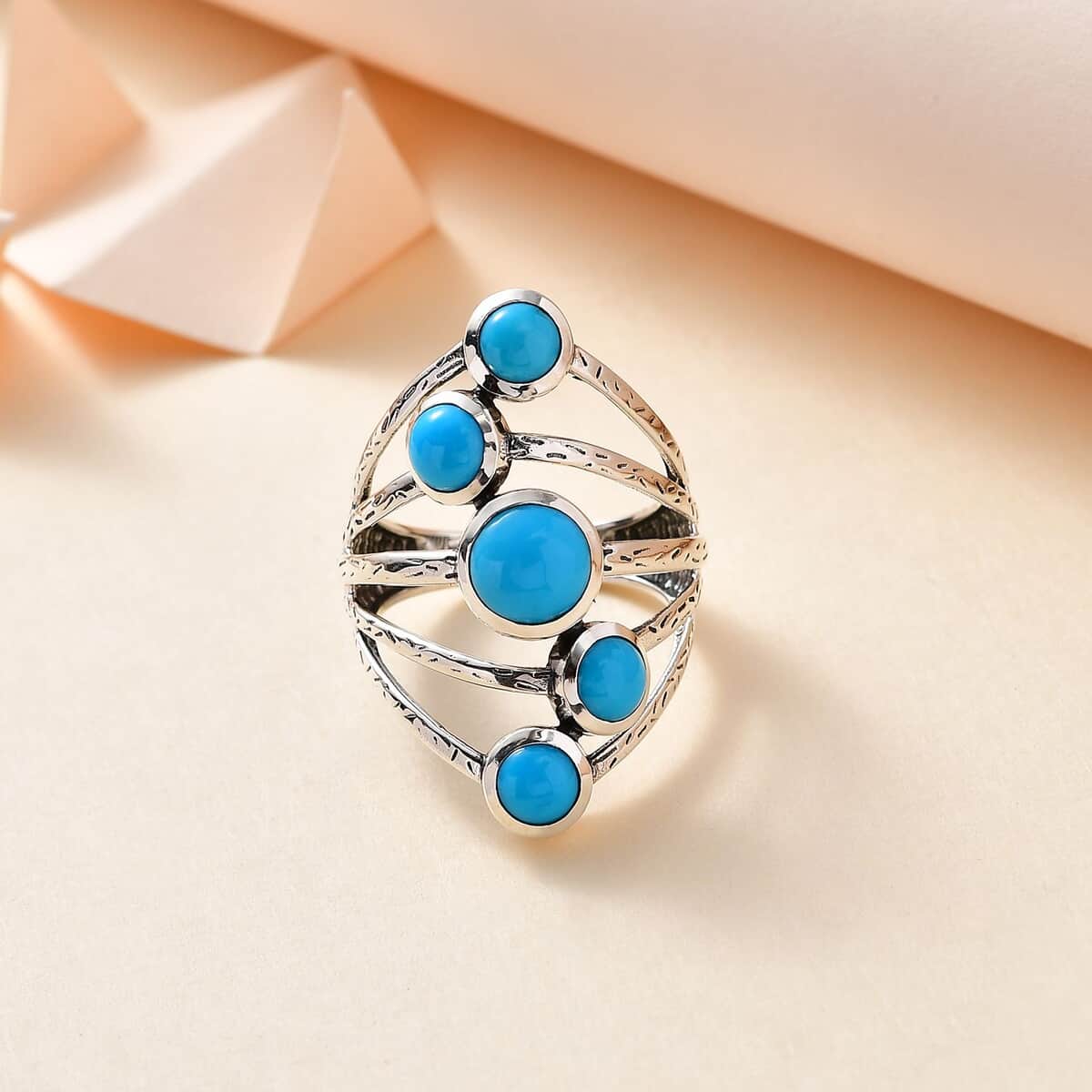 Artisan Crafted Premium Sleeping Beauty Turquoise 5 Stone Ring in Sterling Silver (Size 7.0) 3.25 ctw image number 1