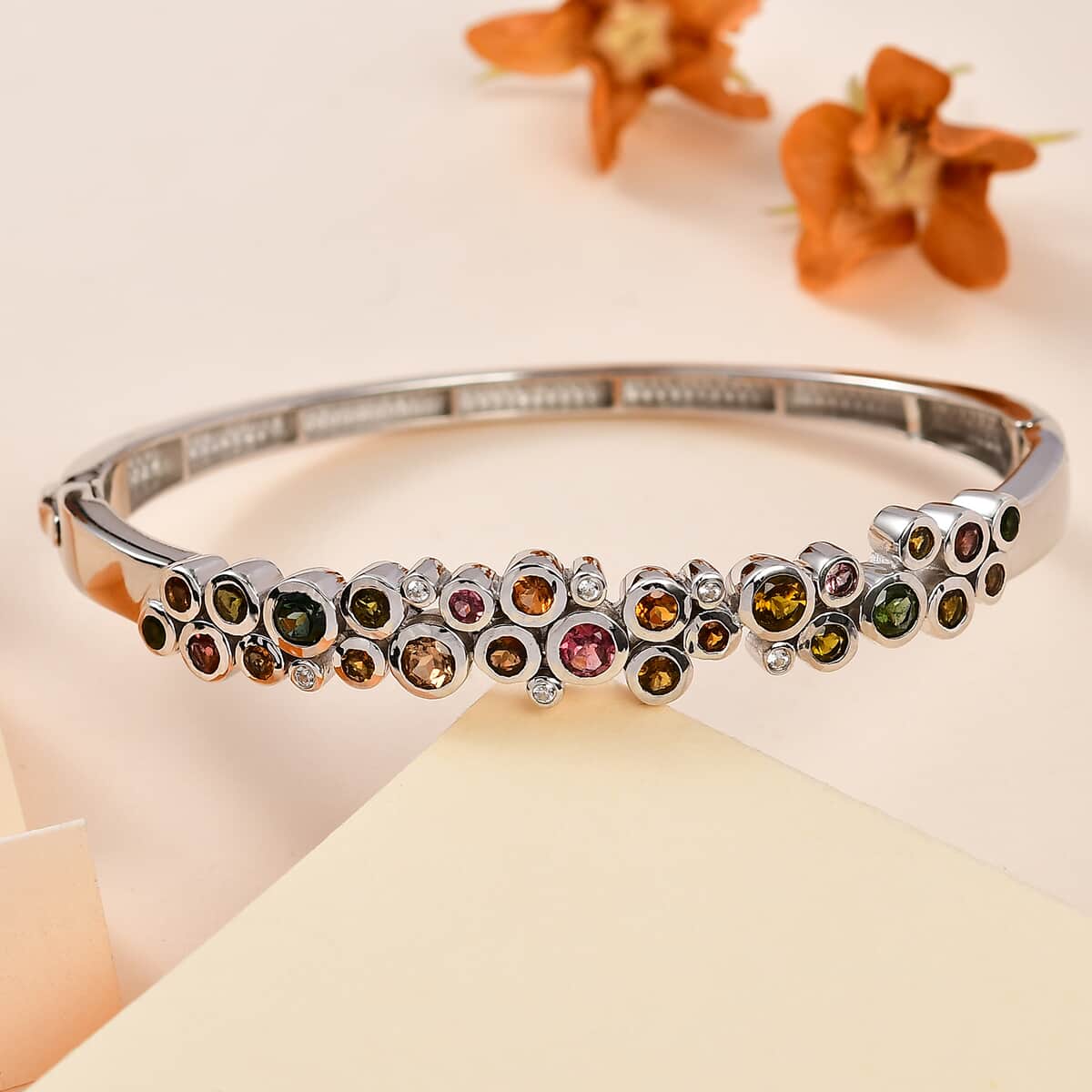 Multi-Tourmaline and White Zircon Bubble Bangle Bracelet in Platinum Over Sterling Silver (7.25 In) 3.40 ctw image number 1