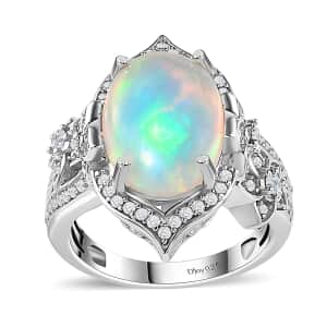 Premium Ethiopian Welo Opal and White Zircon Ring in Platinum Over Sterling Silver (Size 10.0) 4.40 ctw
