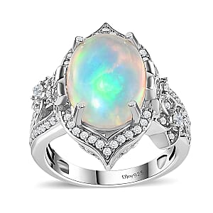D'Joy Premium Ethiopian Welo Opal and White Zircon Ring in Platinum Over Sterling Silver (Size 6.0) 4.40 ctw