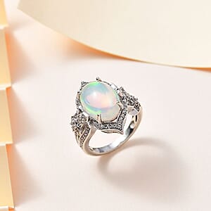 D'Joy Premium Ethiopian Welo Opal and White Zircon Ring in Platinum Over Sterling Silver (Size 6.0) 4.40 ctw