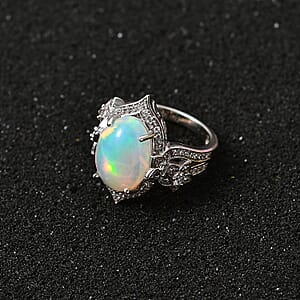 D'Joy Premium Ethiopian Welo Opal and White Zircon Ring in Platinum Over Sterling Silver (Size 6.0) 4.40 ctw
