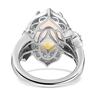 Premium Ethiopian Welo Opal and White Zircon 4.40 ctw Ring in Platinum Over Sterling Silver (Size 7.0)