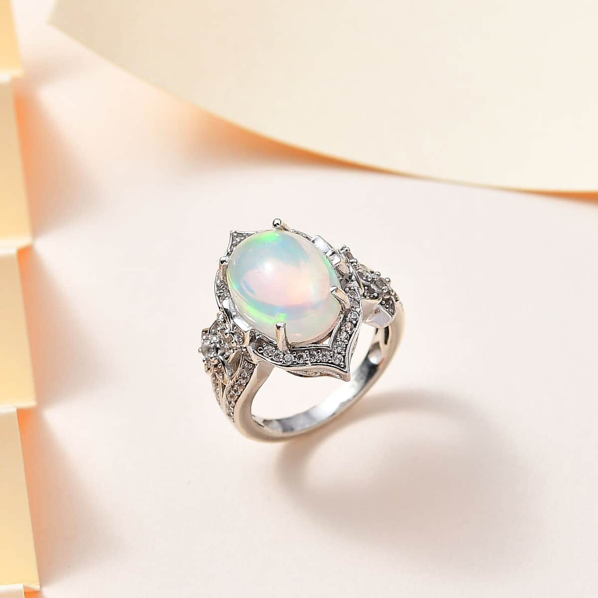 Premium Ethiopian Welo Opal and White Zircon Ring in Platinum Over Sterling Silver (Size 8.0) 4.40 ctw image number 1