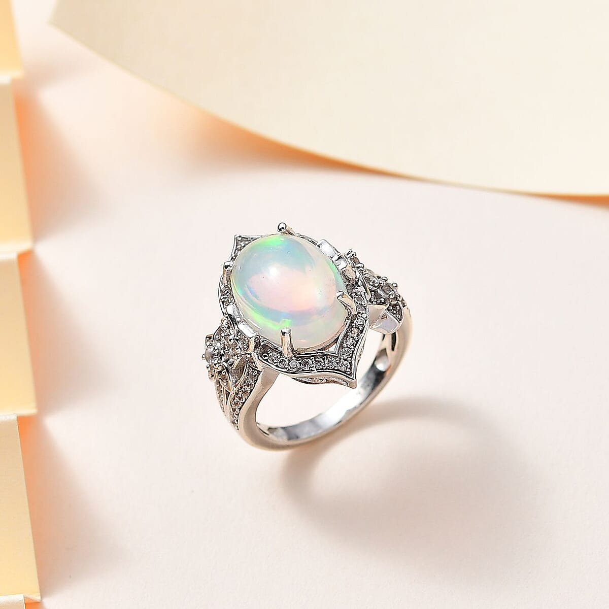 Premium Ethiopian Welo Opal and White Zircon Ring in Platinum Over Sterling Silver (Size 9.0) 4.40 ctw image number 1