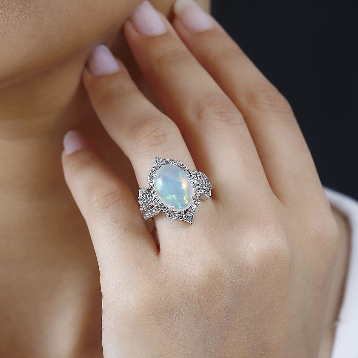 Premium Ethiopian Welo Opal and White Zircon Ring in Platinum Over Sterling Silver (Size 9.0) 4.40 ctw image number 3
