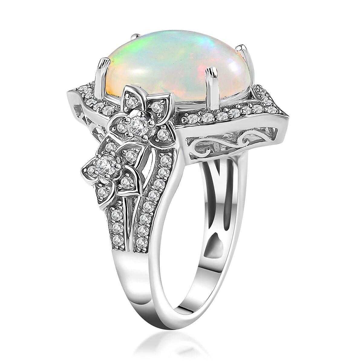 Premium Ethiopian Welo Opal and White Zircon Ring in Platinum Over Sterling Silver (Size 9.0) 4.40 ctw image number 4