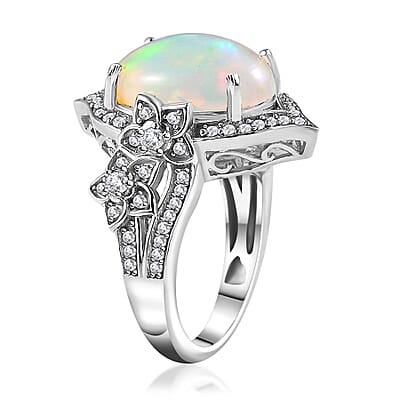 Premium Ethiopian Welo Opal and White Zircon Ring in Platinum Over Sterling Silver (Size 9.0) 4.40 ctw