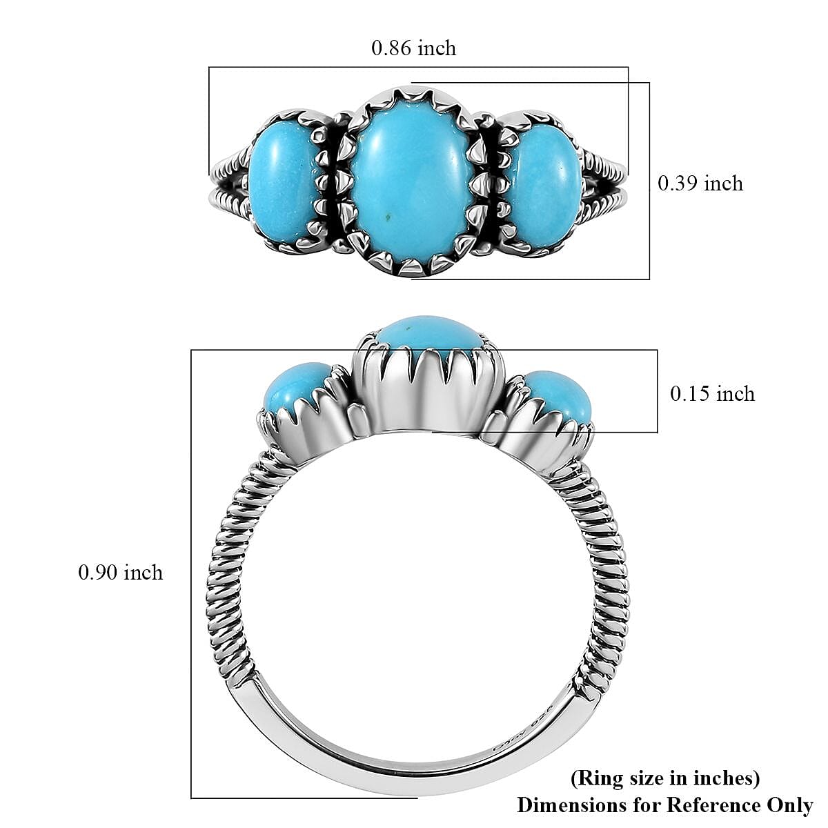 Artisan Crafted Premium Sleeping Beauty Turquoise 3 Stone Ring in Sterling Silver (Size 10.0) 2.00 ctw