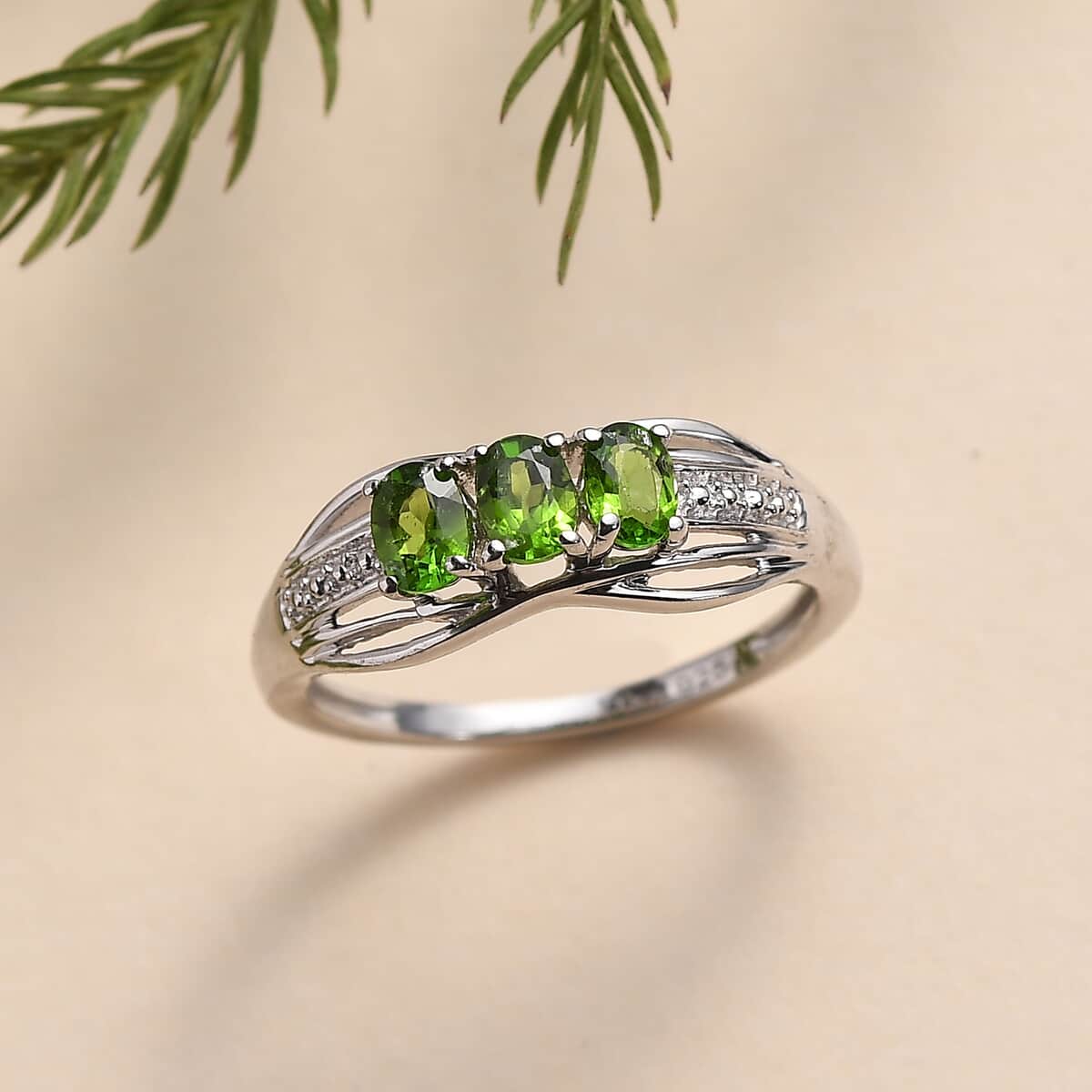 Chrome Diopside 3 Stone Ring in Platinum Over Sterling Silver (Size 5.0) 0.70 ctw image number 1