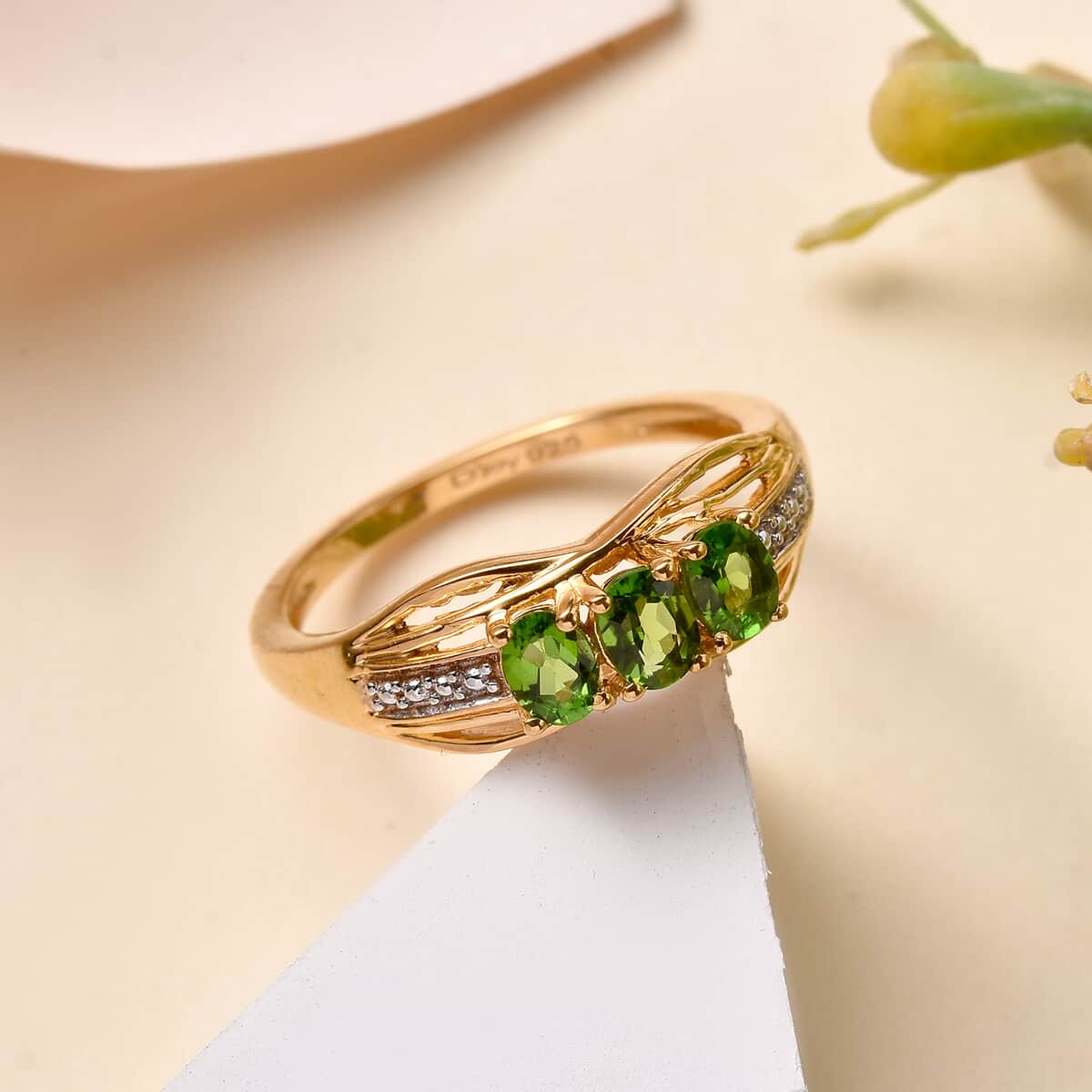 Chrome Diopside 3 Stone Ring in Vermeil Yellow Gold Over Sterling Silver (Size 6.0) 0.70 ctw image number 1