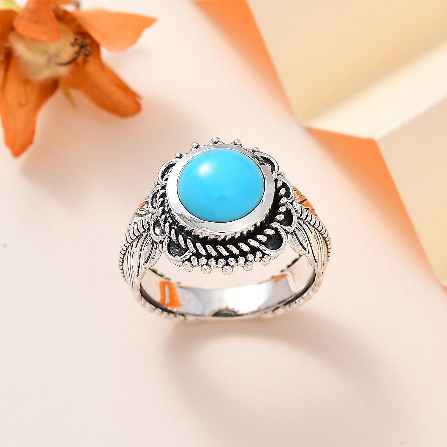 Artisan Crafted Premium Sleeping Beauty Turquoise Feather Ring in Sterling Silver (Size 10.0) 2.35 ctw