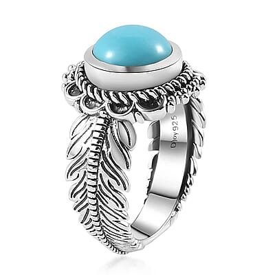 Artisan Crafted Premium Sleeping Beauty Turquoise Feather Ring in Sterling Silver (Size 10.0) 2.35 ctw