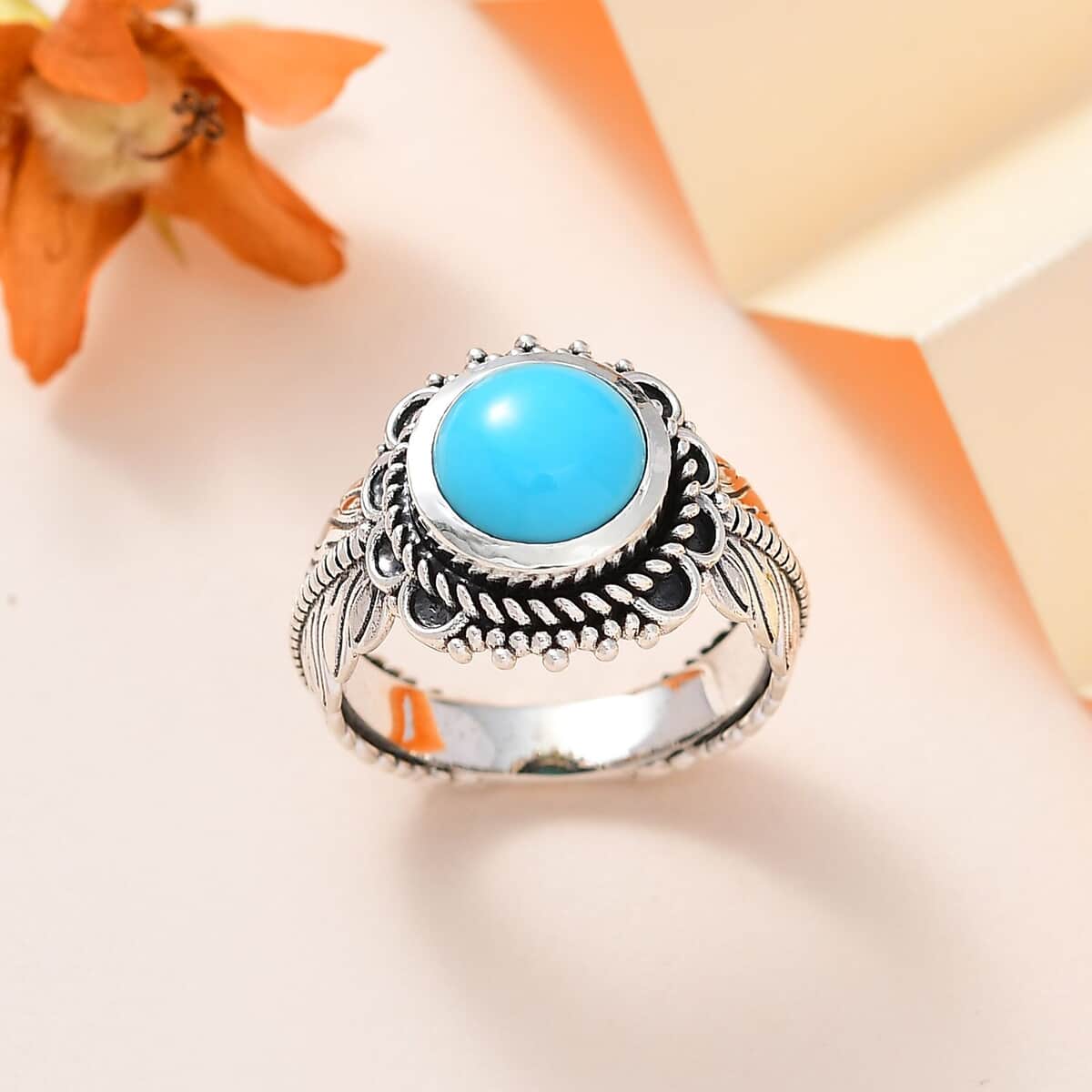 Artisan Crafted Premium Sleeping Beauty Turquoise Feather Ring in Sterling Silver (Size 5.0) 2.35 ctw image number 1