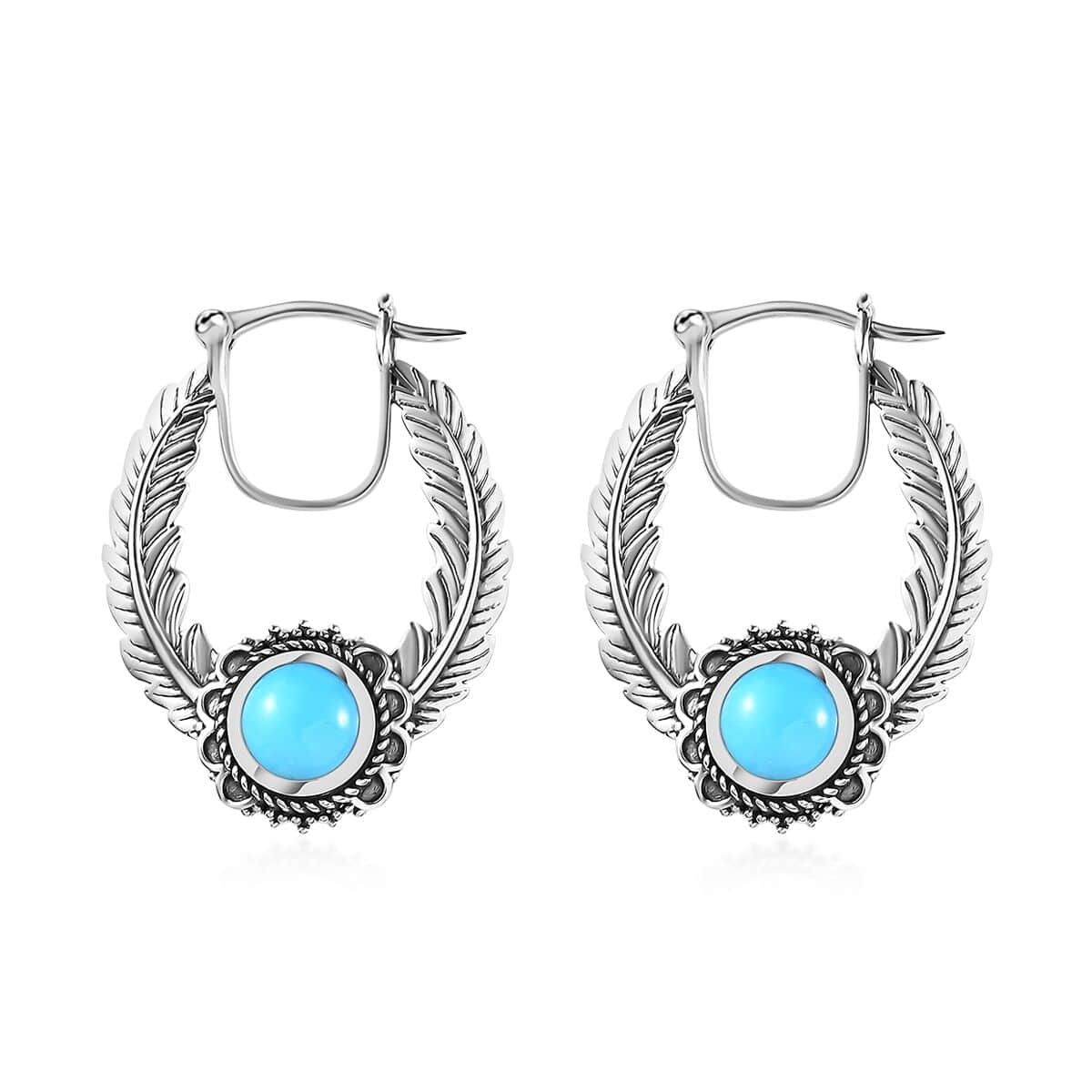 Artisan Crafted Premium Sleeping Beauty Turquoise Feather Hoop Earrings in Sterling Silver 2.40 ctw image number 0