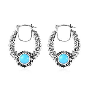 Artisan Crafted Premium Sleeping Beauty Turquoise Feather Hoop Earrings in Sterling Silver 2.40 ctw