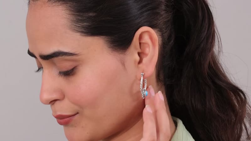 Artisan Crafted Premium Sleeping Beauty Turquoise Feather Hoop Earrings in Sterling Silver 2.40 ctw