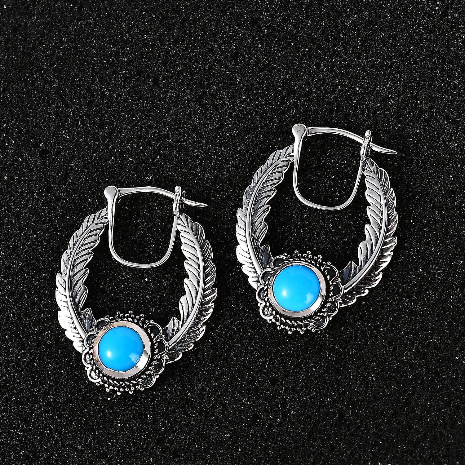Artisan Crafted Premium Sleeping Beauty Turquoise Feather Hoop Earrings in Sterling Silver 2.40 ctw