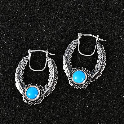 Artisan Crafted Premium Sleeping Beauty Turquoise Feather Hoop Earrings in Sterling Silver 2.40 ctw