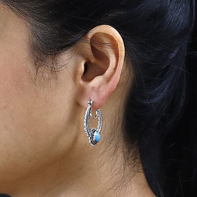 Artisan Crafted Premium Sleeping Beauty Turquoise Feather Hoop Earrings in Sterling Silver 2.40 ctw