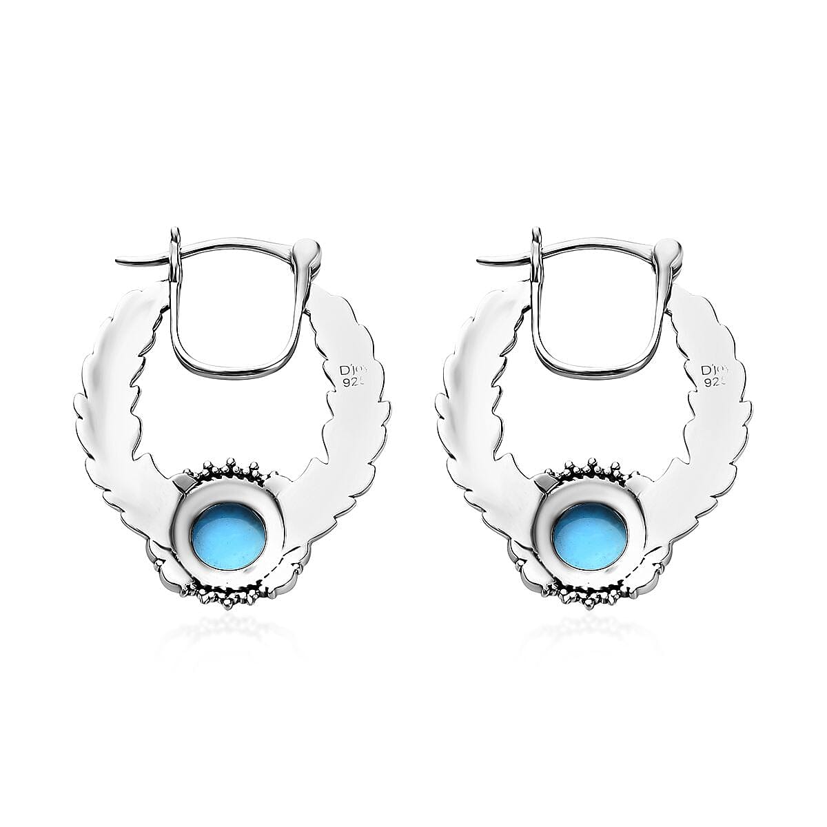 Artisan Crafted Premium Sleeping Beauty Turquoise Feather Hoop Earrings in Sterling Silver 2.40 ctw