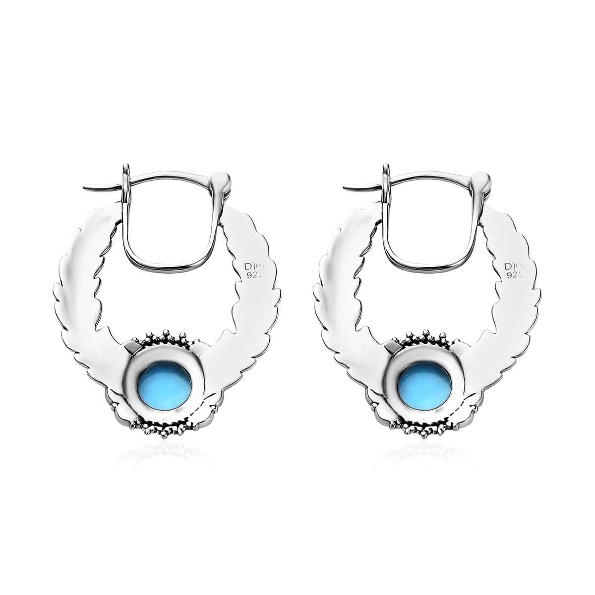 Artisan Crafted Premium Sleeping Beauty Turquoise Feather Hoop Earrings in Sterling Silver 2.40 ctw image number 3