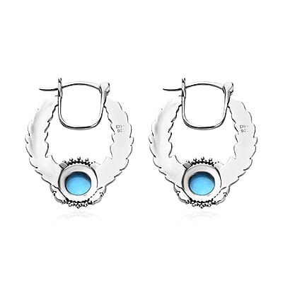 Artisan Crafted Premium Sleeping Beauty Turquoise Feather Hoop Earrings in Sterling Silver 2.40 ctw