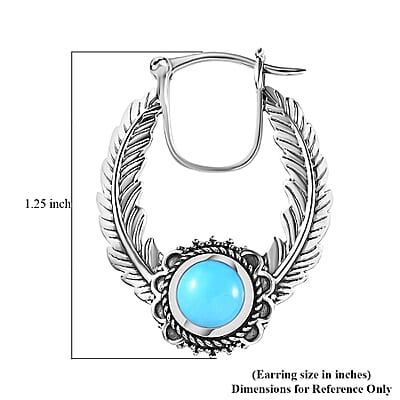 Artisan Crafted Premium Sleeping Beauty Turquoise Feather Hoop Earrings in Sterling Silver 2.40 ctw