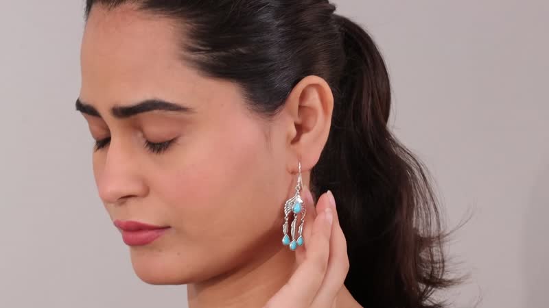 Artisan Crafted Premium Sleeping Beauty Turquoise Feather Earrings in Sterling Silver 3.80 ctw
