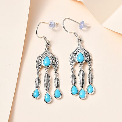 Artisan Crafted Premium Sleeping Beauty Turquoise Feather Earrings in Sterling Silver 3.80 ctw