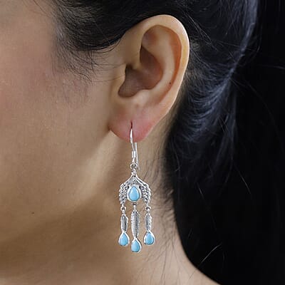 Artisan Crafted Premium Sleeping Beauty Turquoise Feather Earrings in Sterling Silver 3.80 ctw