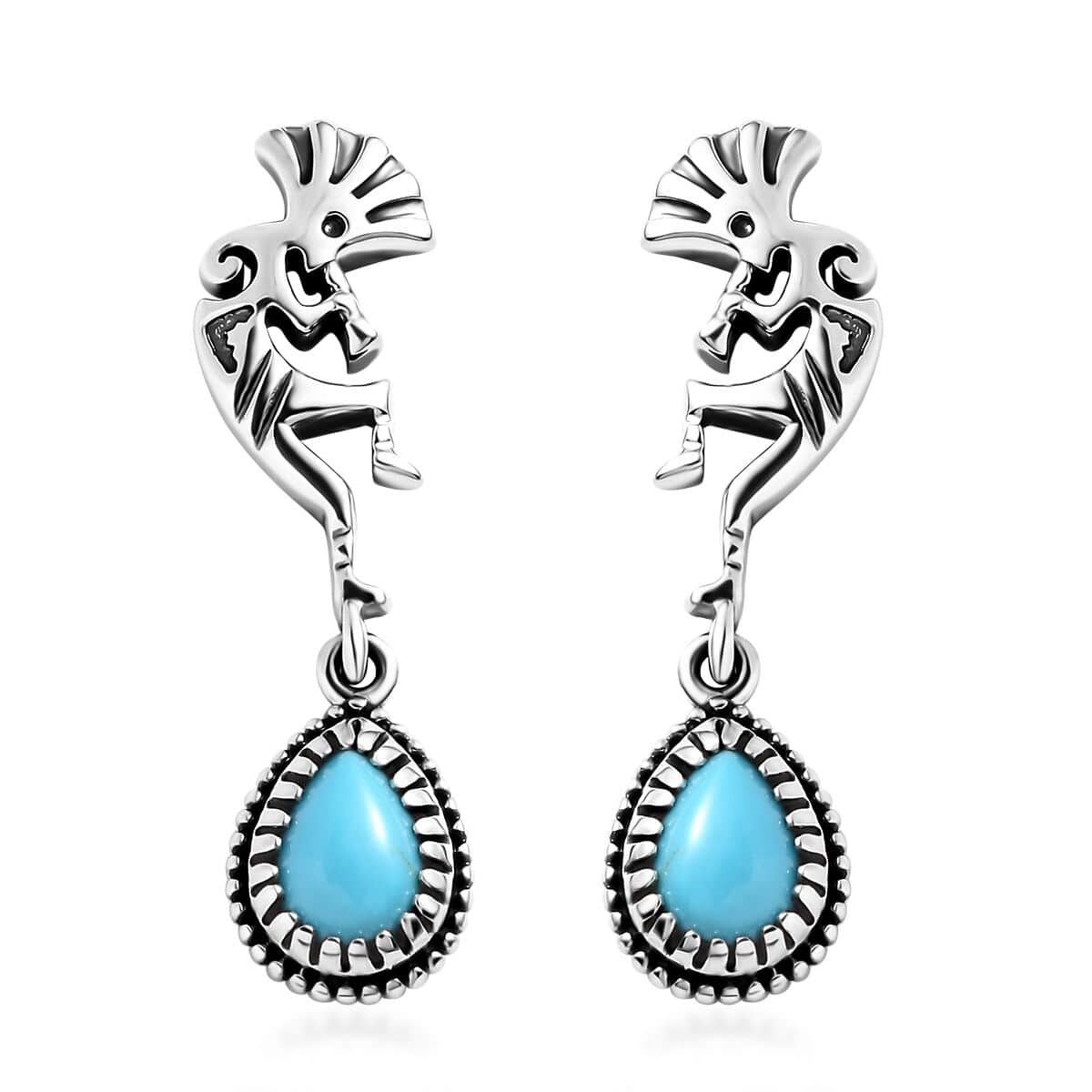 Artisan Crafted Premium Sleeping Beauty Turquoise Kokopelli Earrings in Sterling Silver 1.25 ctw image number 0