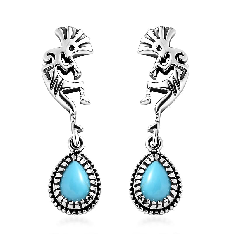 Artisan Crafted Premium Sleeping Beauty Turquoise Kokopelli Earrings in Sterling Silver 1.25 ctw