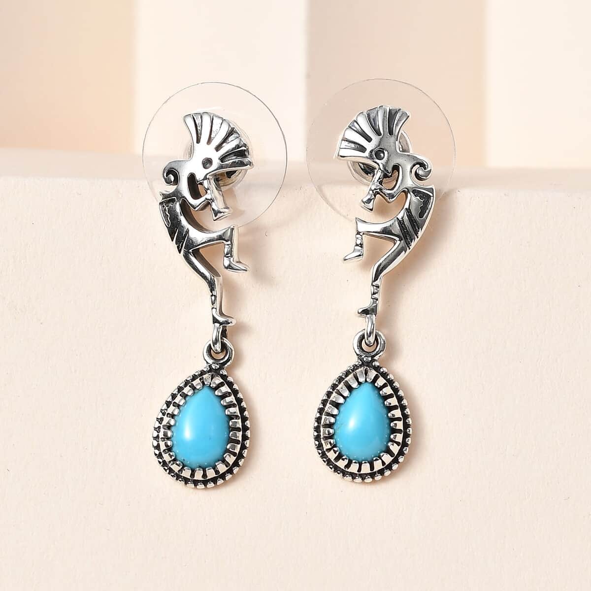 Artisan Crafted Premium Sleeping Beauty Turquoise Kokopelli Earrings in Sterling Silver 1.25 ctw image number 1