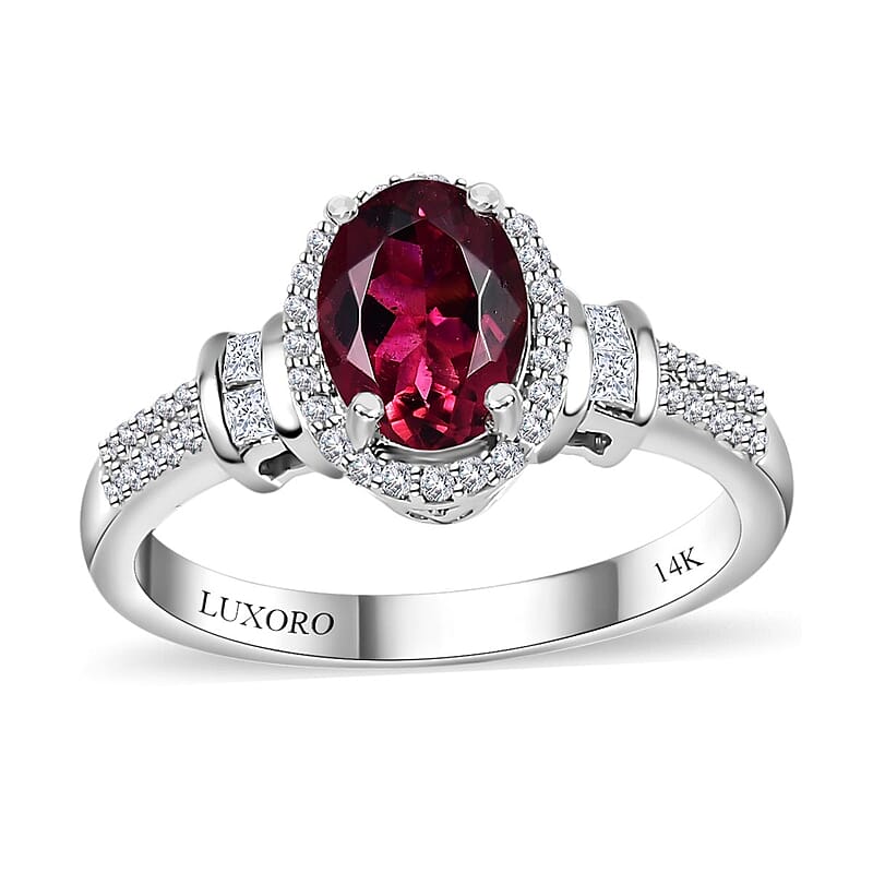 Luxoro 14K White Gold AAA Ouro Fino Rubellite and G-H I2 Diamond Halo Ring (Size 4.0) 1.60 ctw
