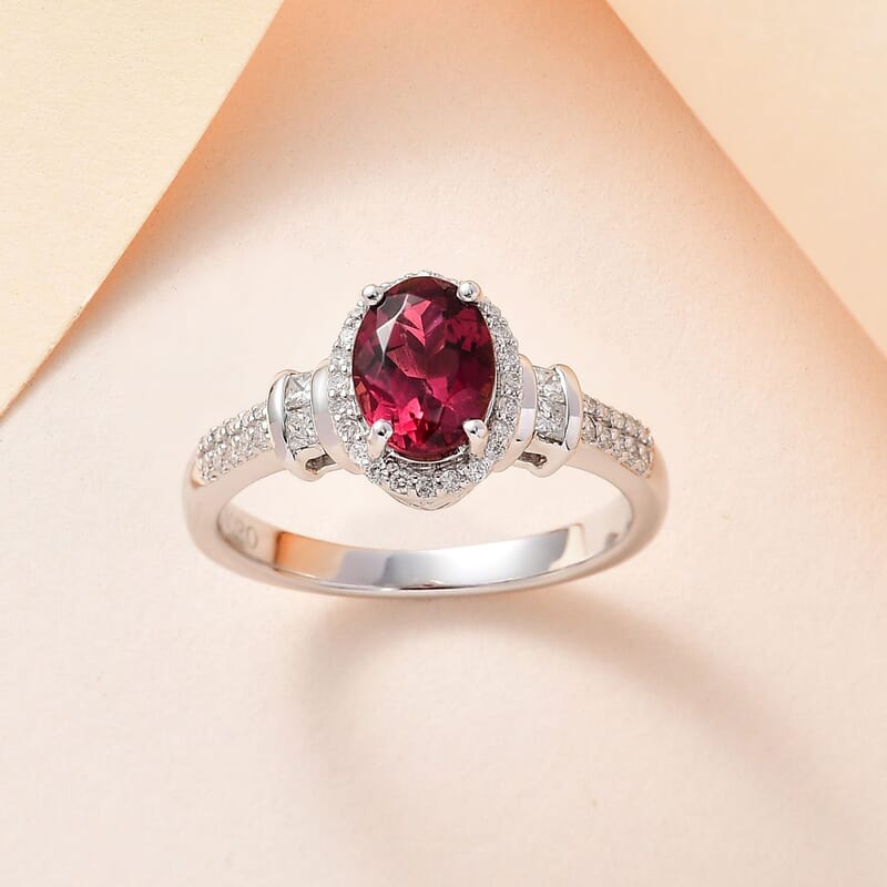 Luxoro 14K White Gold AAA Ouro Fino Rubellite and G-H I2 Diamond Halo Ring (Size 4.0) 1.60 ctw