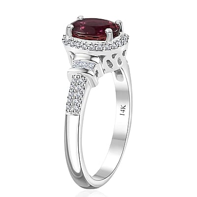 Luxoro 14K White Gold AAA Ouro Fino Rubellite and G-H I2 Diamond Halo Ring (Size 4.0) 1.60 ctw