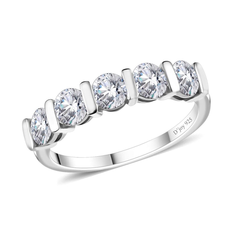 Moissanite 5 Stone Ring in Platinum Over Sterling Silver (Size 6.0) 1.10 ctw