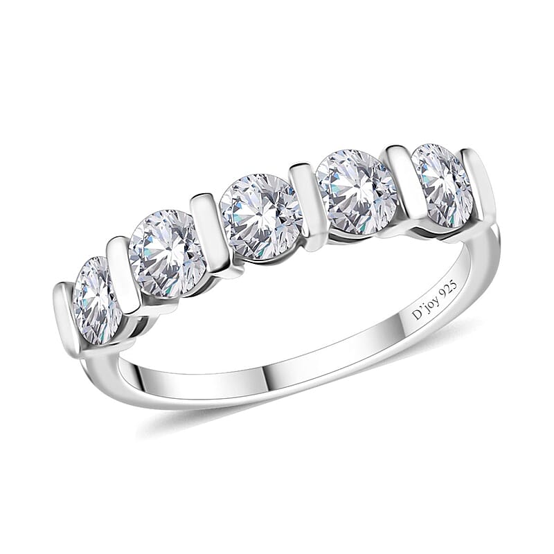 Moissanite 5 Stone Ring in Platinum Over Sterling Silver (Size 6.0) 1.10 ctw