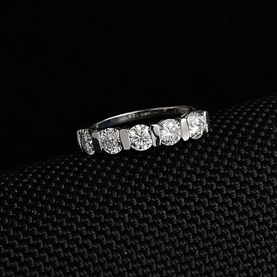 Moissanite 5 Stone Ring in Platinum Over Sterling Silver (Size 6.0) 1.10 ctw