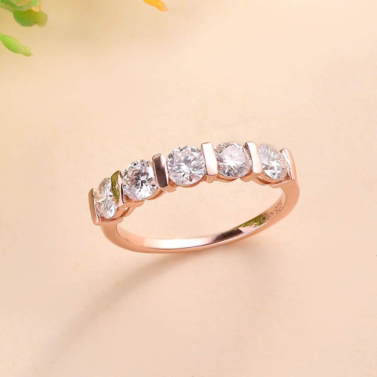 Moissanite 5 Stone Ring in Vermeil Rose Gold Over Sterling Silver (Size 9.0) 1.10 ctw image number 1