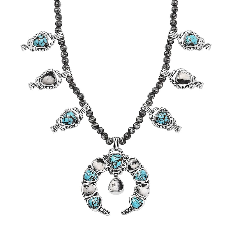 D'Joy Artisan Crafted Blue Moon Turquoise and White Buffalo Squash Blossom Necklace 18-20 Inches in Sterling Silver 47.85 ctw