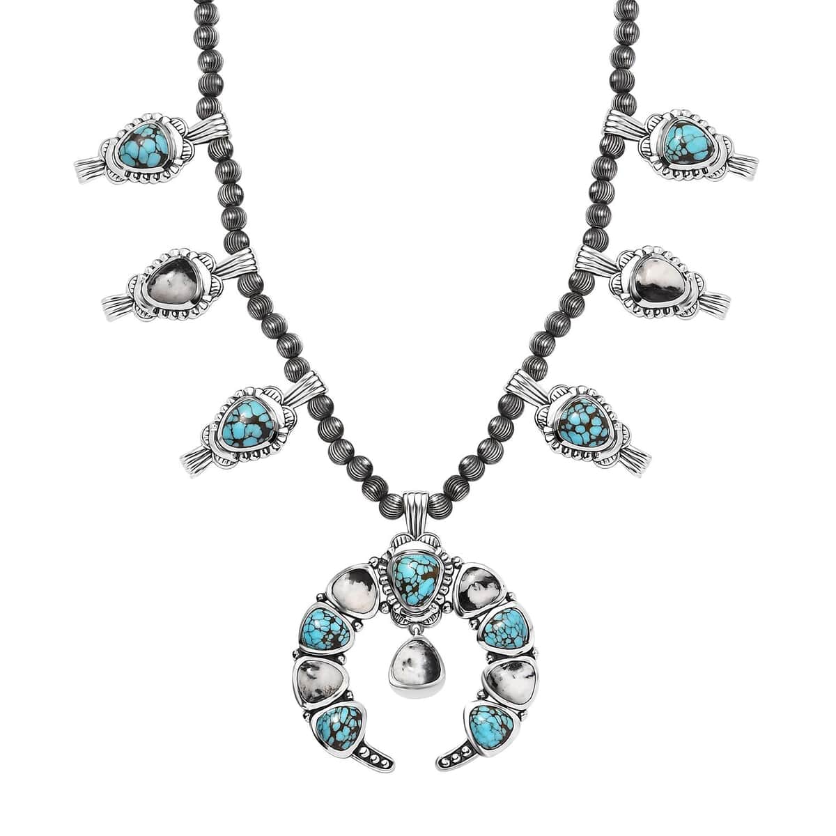 Artisan Crafted Blue Moon Turquoise and White Buffalo Squash Blossom Necklace 18-20 Inches in Sterling Silver 47.85 ctw (Del. in 10-12 Days) image number 0
