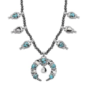 Artisan Crafted Blue Moon Turquoise and White Buffalo Squash Blossom Necklace 18-20 Inches in Sterling Silver 47.85 ctw (Del. in 10-12 Days)