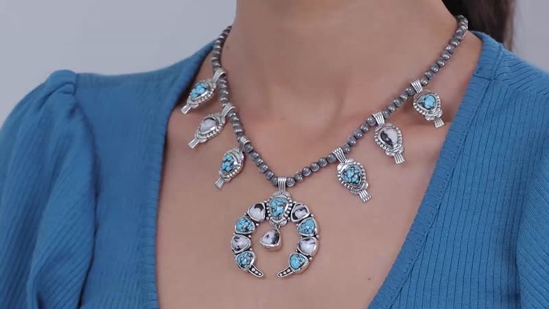 D'Joy Artisan Crafted Blue Moon Turquoise and White Buffalo Squash Blossom Necklace 18-20 Inches in Sterling Silver 47.85 ctw