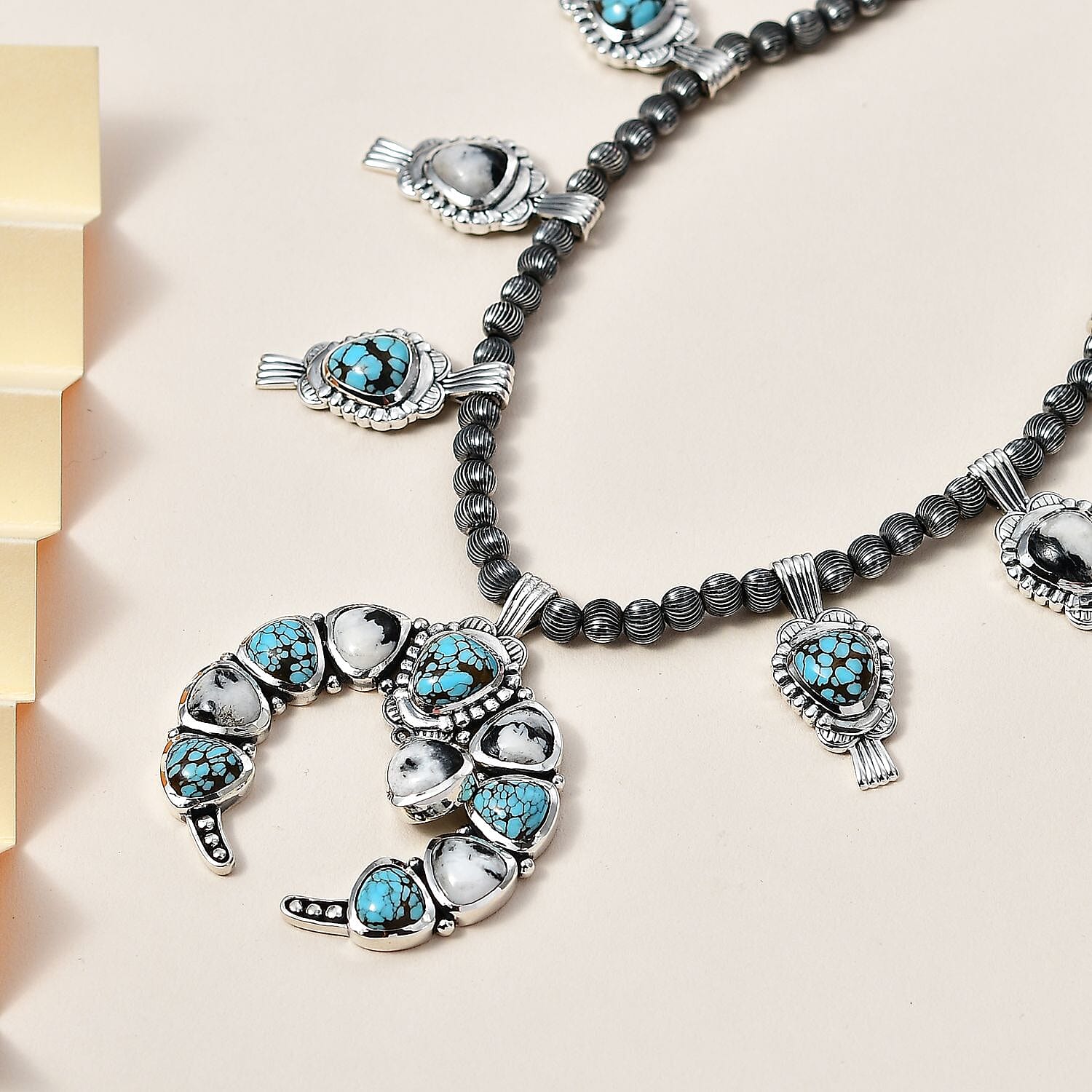 D'Joy Artisan Crafted Blue Moon Turquoise and White Buffalo Squash Blossom Necklace 18-20 Inches in Sterling Silver 47.85 ctw