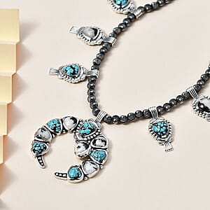 D'Joy Artisan Crafted Blue Moon Turquoise and White Buffalo Squash Blossom Necklace 18-20 Inches in Sterling Silver 47.85 ctw