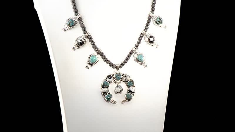 D'Joy Artisan Crafted Blue Moon Turquoise and White Buffalo Squash Blossom Necklace 18-20 Inches in Sterling Silver 47.85 ctw