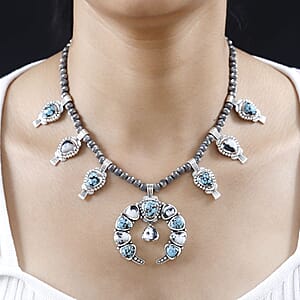 D'Joy Artisan Crafted Blue Moon Turquoise and White Buffalo Squash Blossom Necklace 18-20 Inches in Sterling Silver 47.85 ctw